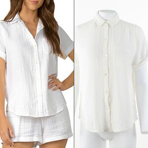 Elan Double Gaze Button Down Top in Ivory